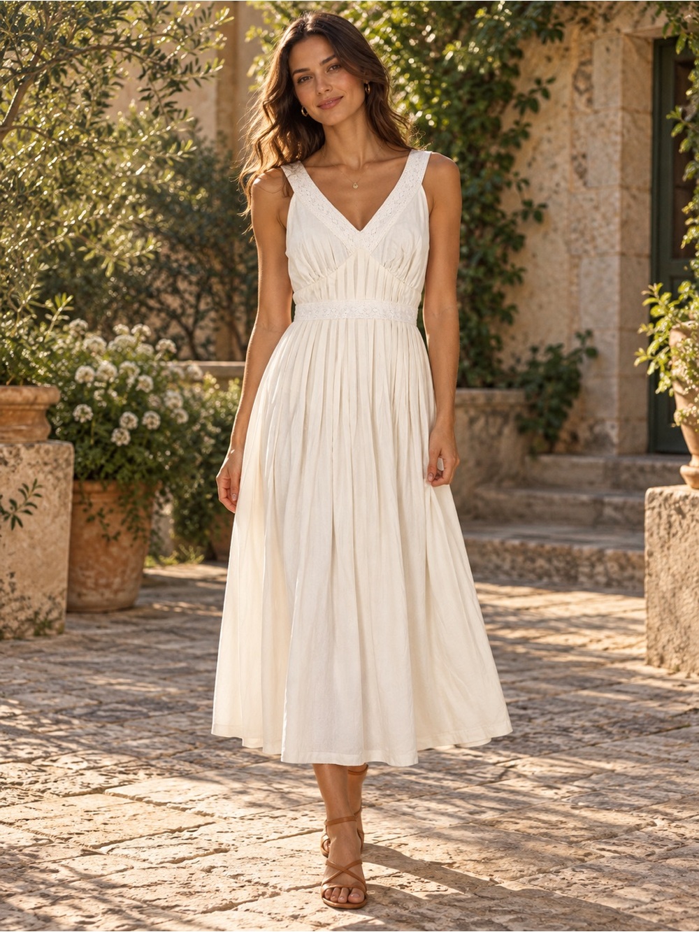 Taylor Ivory V-Neck Pleated Midi Dress
